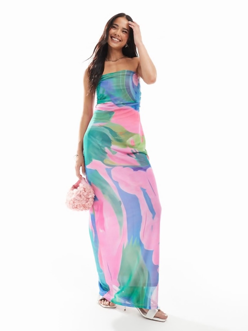 Vero Moda Strapless Maxi Dress in Pink, Green & Blue Swirl